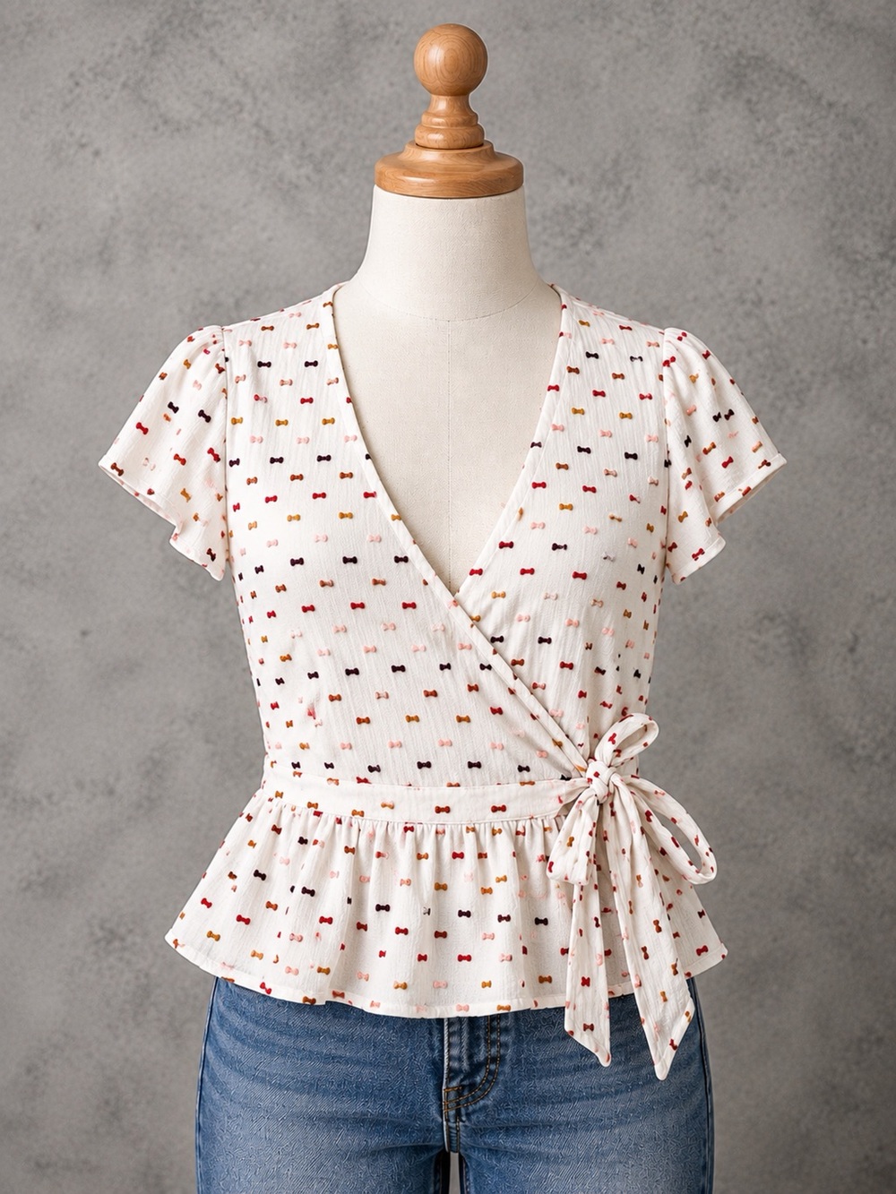Madewell Ruffle-Hem Wrap Top in Clipdot White Multi 100% Cotton XS